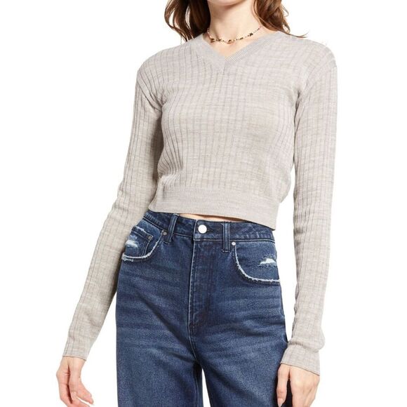 BP Reagan Rib Crop Grey Heather Lightweight Knit Sweater Basic Preppy XS - Picture 1 of 9